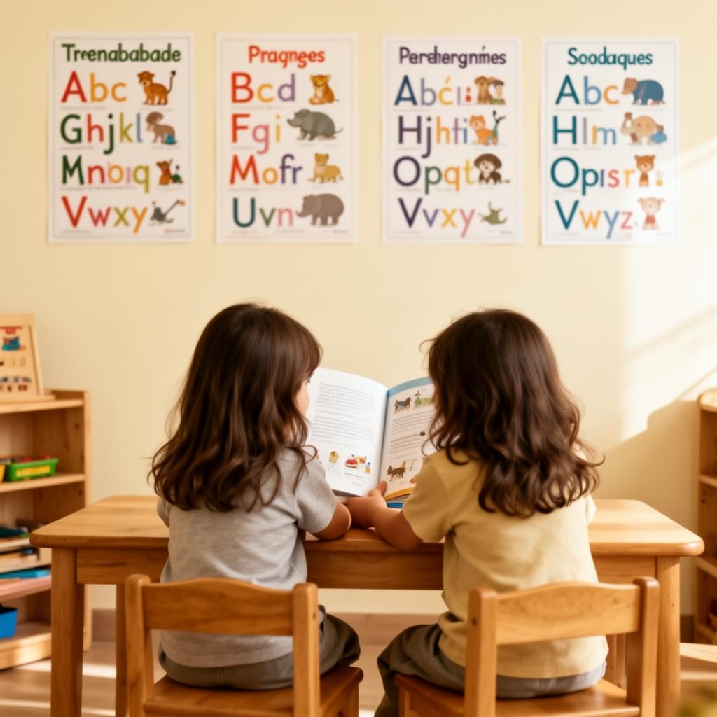 Deux enfants lisant ensemble un livre avec affichages bilingues