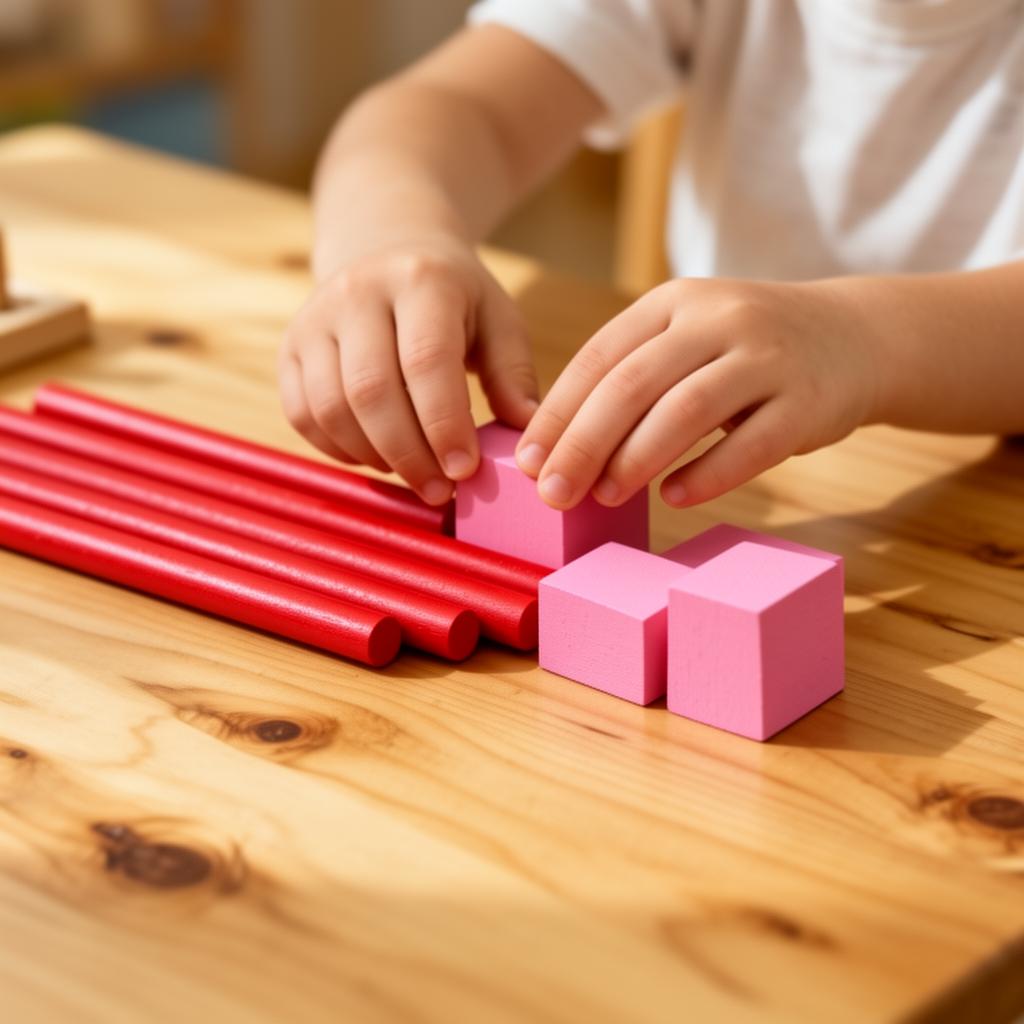 Enfant manipulant les barres rouges Montessori